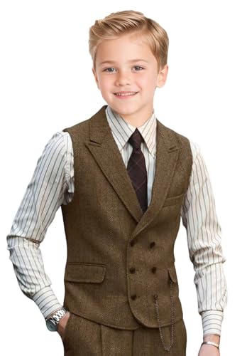 Boys Vest Retro Tweed Lapel Suit Vest for Boys Vintage Herringbone Formal Casual Western Double Breasted Waistcoat2