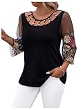 OYOANGLE Women's Plus Size Floral Embroidery Mesh Sheer Cut Out Blouse Beaded Crew Neck 3/4 Sleeve Tee Tops Black 0XL