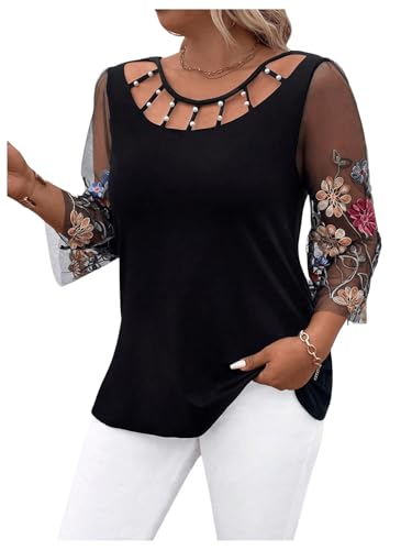OYOANGLE Women's Plus Size Floral Embroidery Mesh Sheer Cut Out Blouse Beaded Crew Neck 3/4 Sleeve Tee Tops Black 0XL