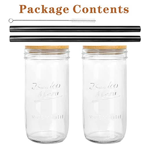 Mason Jar With Lid And Straw, Anotion 24Oz Wide Mouth Boba Cup Reusable Drinking Glasses Tumbler Smoothie Water Bottles For Iced Coffee Margaritas Ice Cream Juice Cocktail Travel Office Home, 2 Packs #TOP5