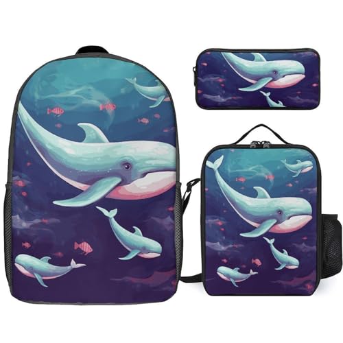 3 Piece Backpack for Women Men Lightweight Causal Daypack Shoulder Bag Set with Insulated Lunch Bag And Pencil Case Organizers Whale