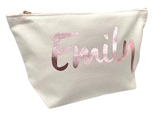 Image of Personalised Name Make up Bag Accessory Wash in Black or Natural Colour with a Choice of Metallic Prints (Rose Gold Metallic)