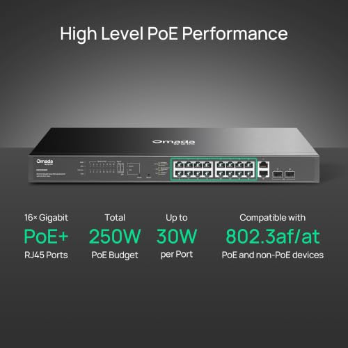 Image of TP-Link Omada 16 Port Gigabit Easy Managed PoE Switch, 250W Budget, PoE+ Compliant, Up to 250m Distance, Auto Recovery, VLAN, Loop Prevention, with Fan (ES220GMP)