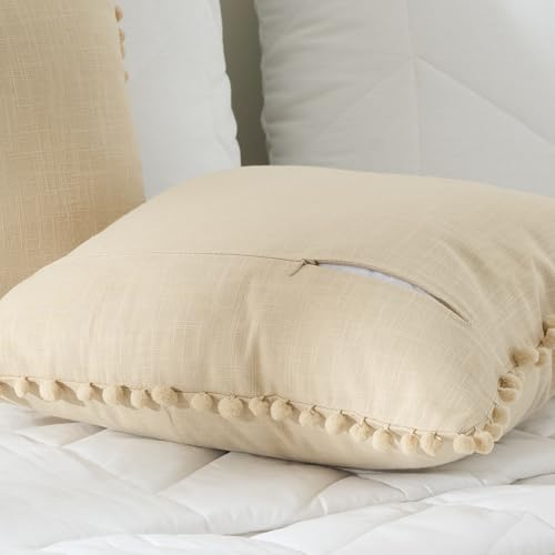 Image of 100% Cotton Pom Pom Cushion with Filler, Elegant & Modern Cushion Cover for Living Room, Square Shape, 16 inchx16 inch, uni slub, Set of 2 - Beige