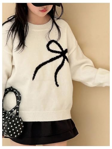 Image of BEAUDRM Girl's Bow Sweater Crew Neck Cute Sweaters Long Sleeve Knit Pullovers Sweater