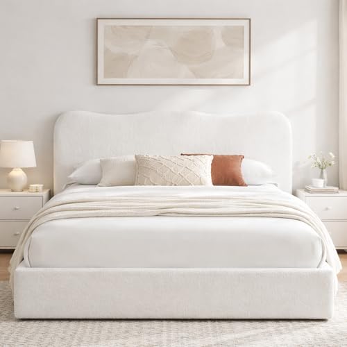 VELOCAVA Queen Size Storage Bed Frame with 4 Pull-Out Drawers Modern Upholstered Boucle Platform Bed with Curved Headboard Wood Slats No Box Spring Needed Cream White