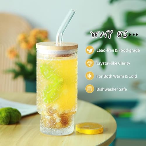 Image of WEZOSHINET Glass Sipper Mugs with Wooden Lid & Straw Pack of 1, 300ml Clear Textured Embossed Drinking Glasses Tumbler for Iced Coffee Beer Cocktail Home & Travel Cup (Embossed)