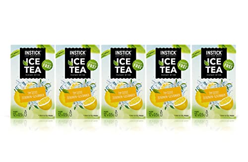INSTICK Boisson instantanée sans sucre | Lot 8-5 paquets de 12 sachets chacun pour 12x0,5L | thé glacé au citron | boisson en poudre - végétalienne, faible en calories, avec vitamine C