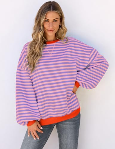 Image of UEU Women Oversized Striped Crewneck Sweatshirt Long Sleeve Color Block Pullover Tops Casual Loose Workout Shirt