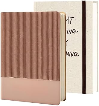 A5 Lined Journal Notebooks, Hardcover College Ruled Writing Journals with PU Leather & Textured Paper Cover, Daily Notebooks for Work School Office Church Travel Gift, Dark Pink & Off-White