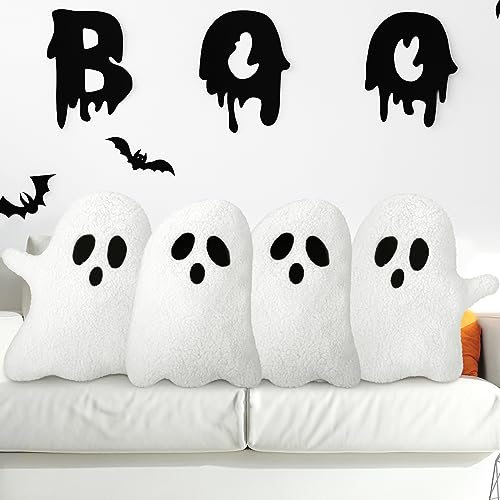 Soaoo 4 Pcs Halloween Throw Pillows Ghost Decor Ghost Plush Spooky Pillows for Sofa Bed Stuffed Halloween Pillow for Couch Party Outdoor Home Decorations Decor Cushion
