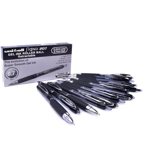uni-ball - Boîte de 12 stylos roller gel rétractable Signo 207 Encre Noire - Stylo rétractable - Pointe moyenne 0.7 mm - Écriture fluide et sécurisée -...