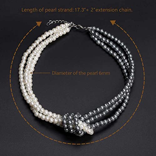 Coucoland 1920S Imitation Pearls Necklace 20S Gatsby Knot Pearl Necklace 1920S Flapper Pearls Accessories Two-Tone Stitching Style (Gray And White) #TOP4