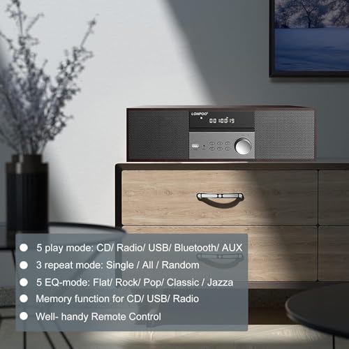 image for LONPOO Stereo Shelf System for Home, Vintage CD Player 40W RMS Micro M