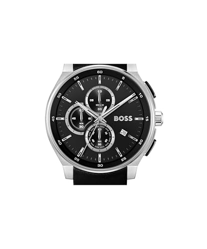 Image of BOSS Peak 2.0 Qtz Chrono Black Round Dial Men's Watch|Leather Material|Black Color Band - 1514188