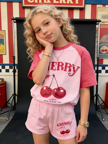 Image of KIDLAGA Girls Two Piece Sets Cherry Pattern Short Sleeve Shirts and Shorts Set With Pockets Girls Summer Outfits Size 7-14