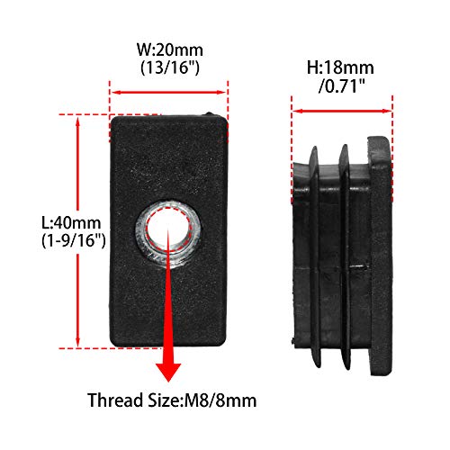 Image of Flyshop Black M8 Threaded Plastic Plugs Rectangle Tube End Caps Tubing Plugs Inserts Furniture Glider 20 mm x 40 mm 4 Pcs