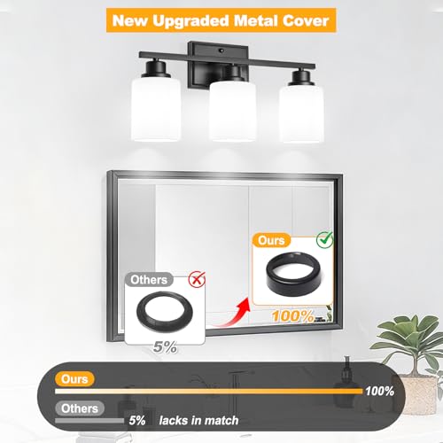 Image of Unicozin 3-Light Bathroom Light Fixtures, Modern Black Vanity Light Over Mirror, Wall Sconces with Milky White Glass Shades for Living Room Bedroom Hallway E26 Base
