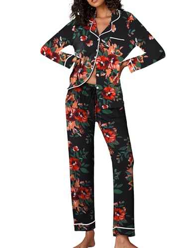 Image of Ekouaer Pajamas Women's Long Sleeve Sleepwear Soft Button Down Loungewear Pjs Lounge Set Nightwear XS-XXL