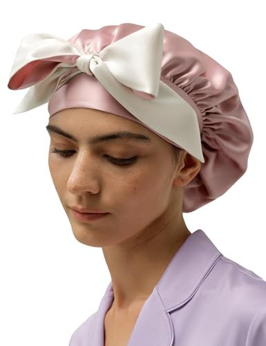 LILYSILK Women Pure Mulberry Silk Sleep Cap Long Tie Bow 100% Silk Bonnet Reversible Hair Wrap Night, Rosy Pink & Ivory