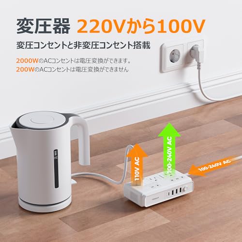 TESSAN 変圧器 海外旅行用 220Ｖから100V 電圧変換器 韓国ヨーロッパシンガポールオーストラリアドイッツイタリア等用降圧トランス ホワイト