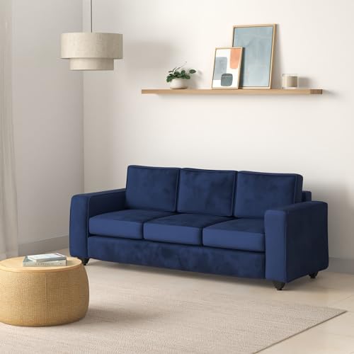 Image of Wakefit 3 Seater Sofa, Blue Velvet Fabric, 212.8 cm L x 85 W x 85.3 H, Neem Wood Frame, 3 Year Warranty