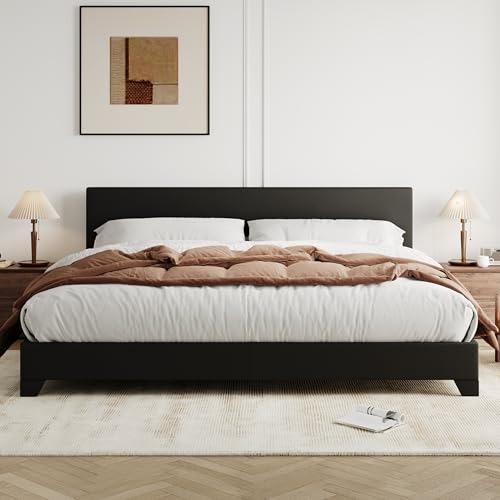 image for Allewie King Size Bed Frame with Adjustable Headboard, Faux Leather Pl