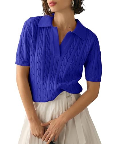 Imily Bela Women's Cable Short Sleeve Sweaters Tops Solid Lapel V Neck Knit Casual Soft Pullover Shirt