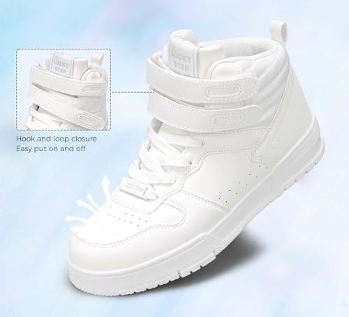 Image of LUCKY STEP Women High Top Fashion Sneakers Ankle Boots | Basketball Walking Tennis Shoes Platform Hook and Loop Faux Leather Sneaker