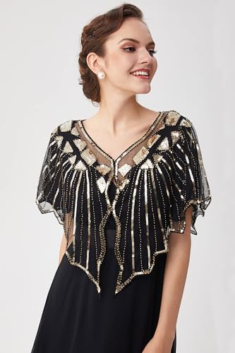 BABEYOND Cekin z koralikami w stylu art deco peleryna wieczorowa damski szal szalik lata 20. szal wesele (złoty)