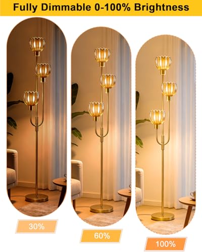 Image of 3-Lights Modern Glass Floor Lamp Gold Dimmable Floor Lamps with 3000K Warm White Bulbs for Wedding Party 66IN Tall Standing Lamp with Amber Glass Shade for Living Room /Bedroom /Girls Room
