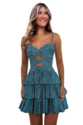 Spaghetti Straps Sequin Homecoming Dresses for Teens 2025 A Line Tiered Short Prom Dress Cut Out Cocktail Dress