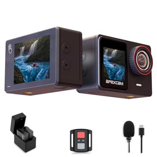 Apexcam Caméra d’Action 4K 60FPS Double Écran 48MP Étanche 40M WiFi Grand Angle 170° avec Micro Externe, Télécommande et Accessoires, Idéale pour Sports Nautiques, Randonnée, et Vlogging