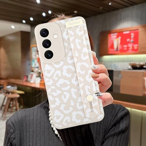 Image of Compatible with Samsung Galaxy S25 FE Case with Strap Wrist White | Cheetah Print Shockproof Soft TPU Protective Cover for Women Girls, Slim Anti Scratch Case 6.7 Inch, White