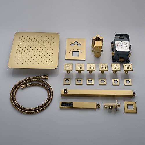 Brushed Gold Wall Mounted 12 Inch Rainfall Shower Head 3 Way Thermostatic Shower Faucet With 6 Body Jets Each Function Work All Together And Separately #TOP6