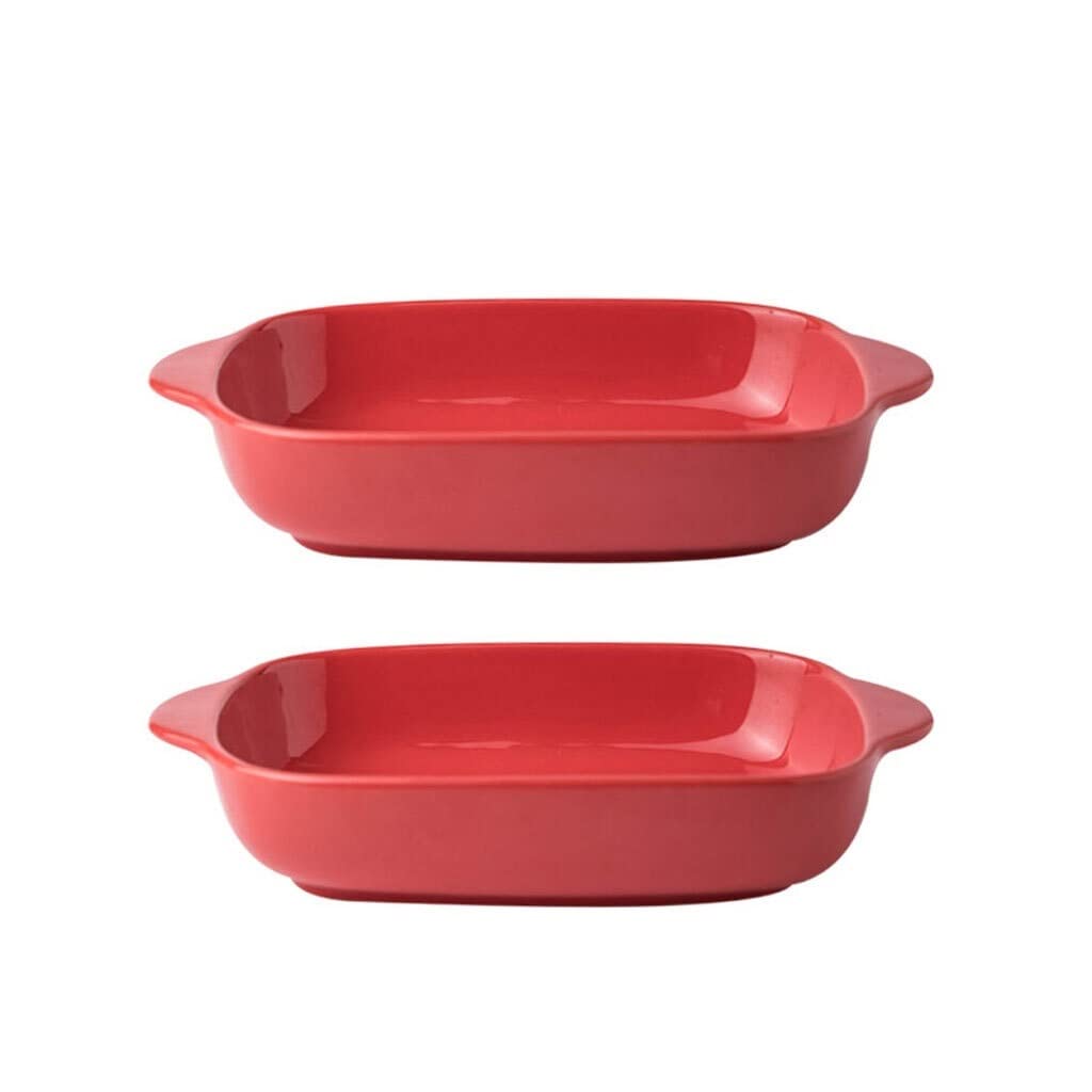 Baking tray Ceramic Cheese Risotto Double Ear Tray Rectangular Tray Dish Oven Microwave Oven Available Plate 6 Color Bakeware (Color : Gray) (Rojo)