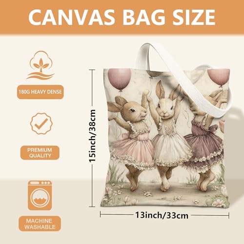 Bunny Canvas Tote Bags, Cute Animal Dance Pattern Reusable Bags, Vintage Lightweight Washable Shoulder Strap Canvas Bags fo3
