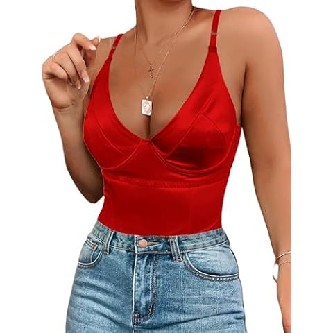 ssyyx Womens Satin Corset Bodysuit Sexy Sparkly Deep V Neck Neon Party Club Going Out Tops with Underwire Cover