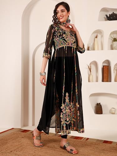 Image of EthnicJunction Women's Georgette Embroidered and Sequence Work Naira Cut Kurta and Dupatta Set
