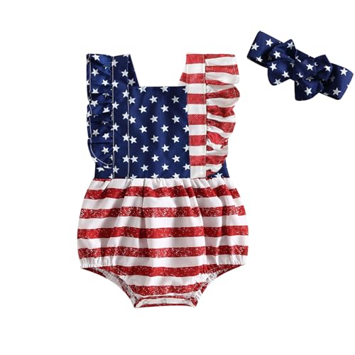 Image of FYBITBO Baby Girl 4th Fourth of July Outfit My First 4th of July Romper Jumpsuit Newborn Onesie American Flag Clothes