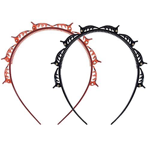 YEENIM Double Bangs Hairstyle Hairpin Headband 2Pcs Korean Braided Headband for Women Double Layer Twist Plait Multi-Layer Hollow Woven Headband Hair Tools Accessories for Girls Kids (Black+Brown)