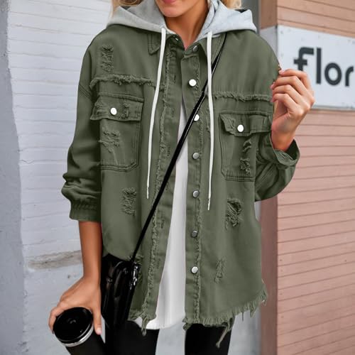 Womens Denim Jacket Oversized Distressed Hooded Jean Coat Fall Clothes - image 3
