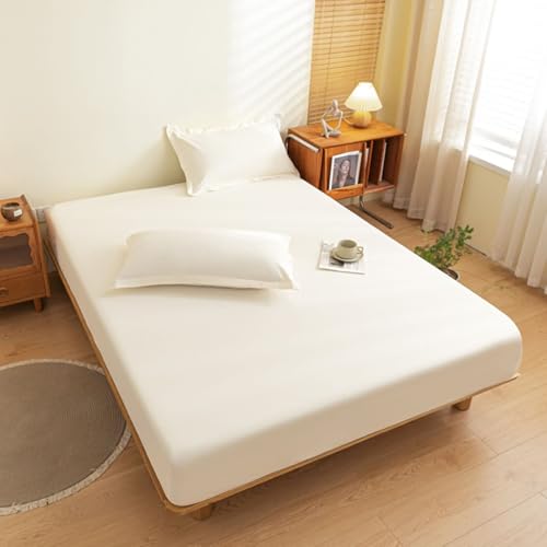 Beydodo Juego de Sabanas Bajera 3 Piezas 200 x 220 cm + 2 Almohadas,Sábana Bajera Protectora Algodón Ropa de Cama Color Sólido Ropa Cama Beige Blanco