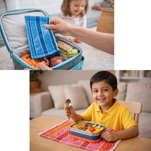 Image of Threadglow Decors Cotton Multicolor Lunch Towel /Napkin for School Kids (11 x 16 Inches) | Small Hand & Face Towel | Reusable Lunch Towels for Kids (Mix of Available Colors dispatched) (8)