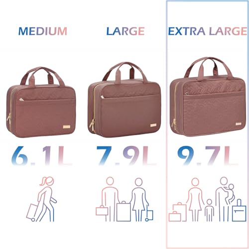 Image of NISHEL Travel Toiletry Bag for women, Portable Hanging Organizer for Family-Sized Shampoo, Conditioner, Brushes Set, Makeup Accessories, Extra Large Size, Rosewood-Pink