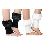 ILUFAM 2 Pairs Women Faux Fur Trim Boot Cuff Socks Winter Knitted Furry Top Cover Leg Warmers (Black+White)