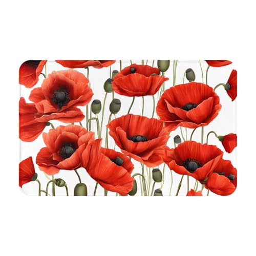 Red Poppy Flower Print Living Room Bathroom Kitchen Anti Slip and Absorbent Carpet, Indoor Entrance Door Muddy Floor Mat, Ultra Soft Washable Carpet 21x31.5 Inches