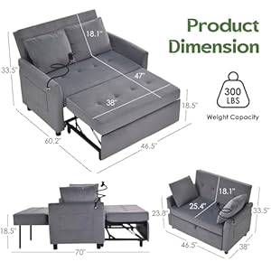 Sleeper sofa bed 3 in 1 convertible sleeper couch bed pull out small loveseat sleeper sofa futon sofa bed full size 46 velvet love seat with pillow and phone holder for living room grey  urban country home decor