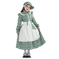 NEAWEALY Girl Halloween Maid Dress Kids Victorian Maid Costume Pioneer Outfit Colonial Prairie Dress Green 7-8Y