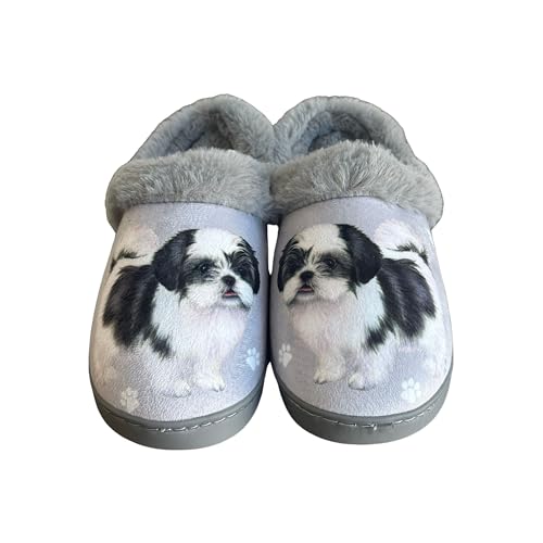 E&S Pets Shih Tzu Black Snugg Slippers for Pet Lovers - Fuzzy Memory Foam House Slippers - Plush Faux Fur Lining - Non-Slip Sole